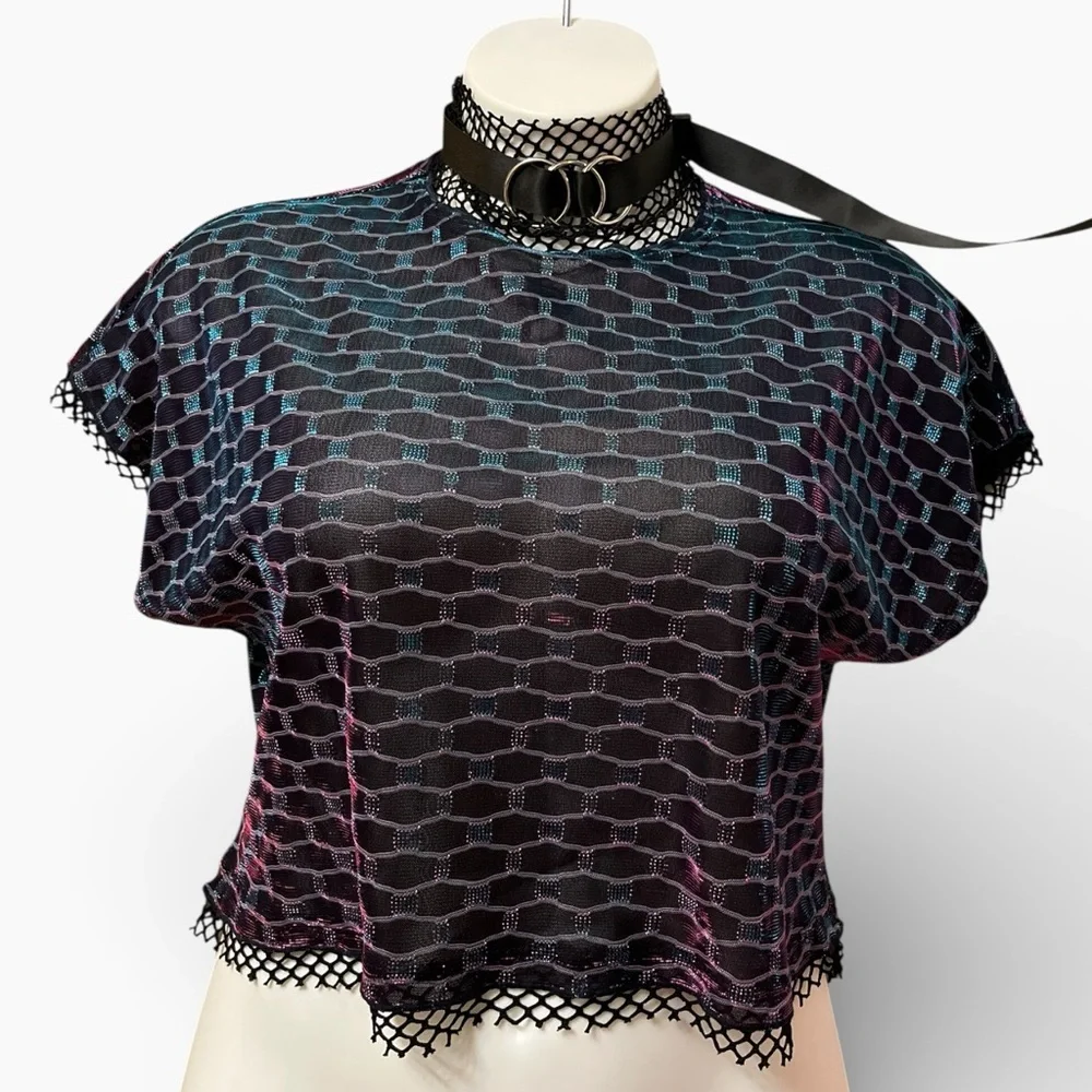 Devil Fashion Black Iridescent Mesh Women Crop Top Removable Leash/Collar NWT - Picture 1 of 5